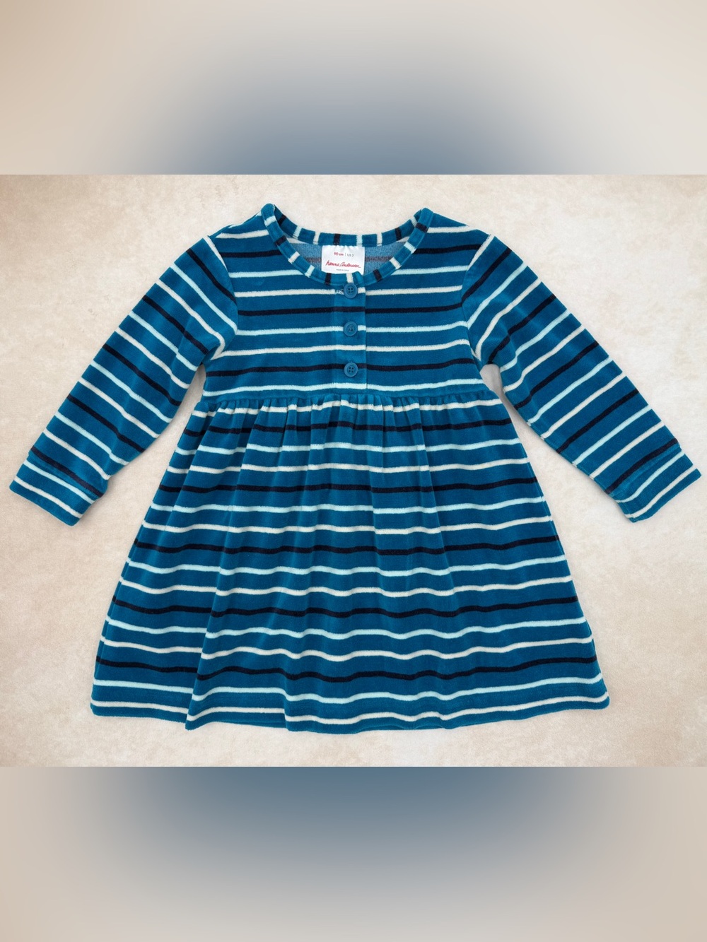 Hanna Andersson Teal and Navy Striped Velour Dress 90